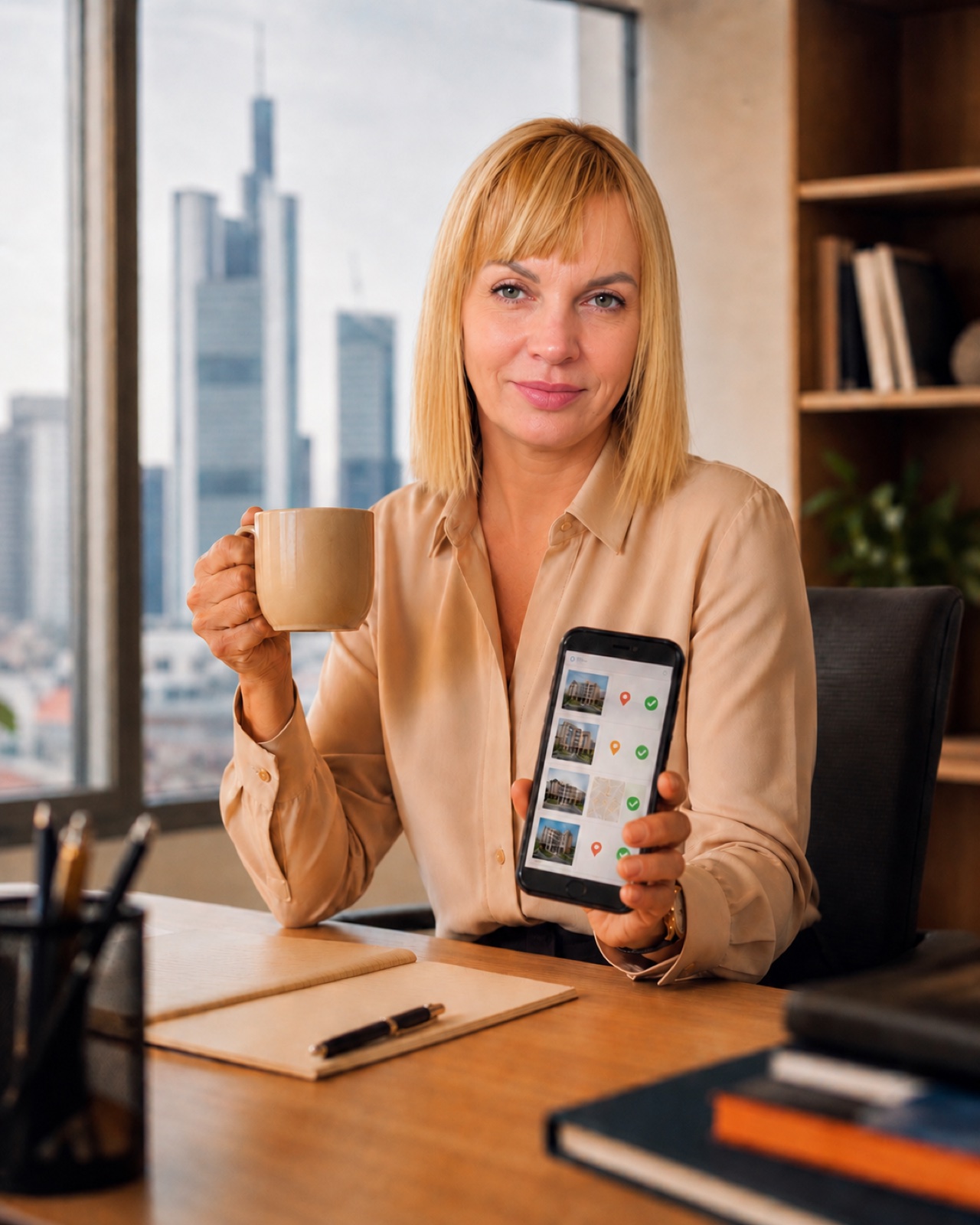 Hausverwalterin im Büro mit Kaffeetasse zeigt das digitale Echtzeit-Protokoll der Duvox-App, Frankfurter Skyline im Hintergrund
