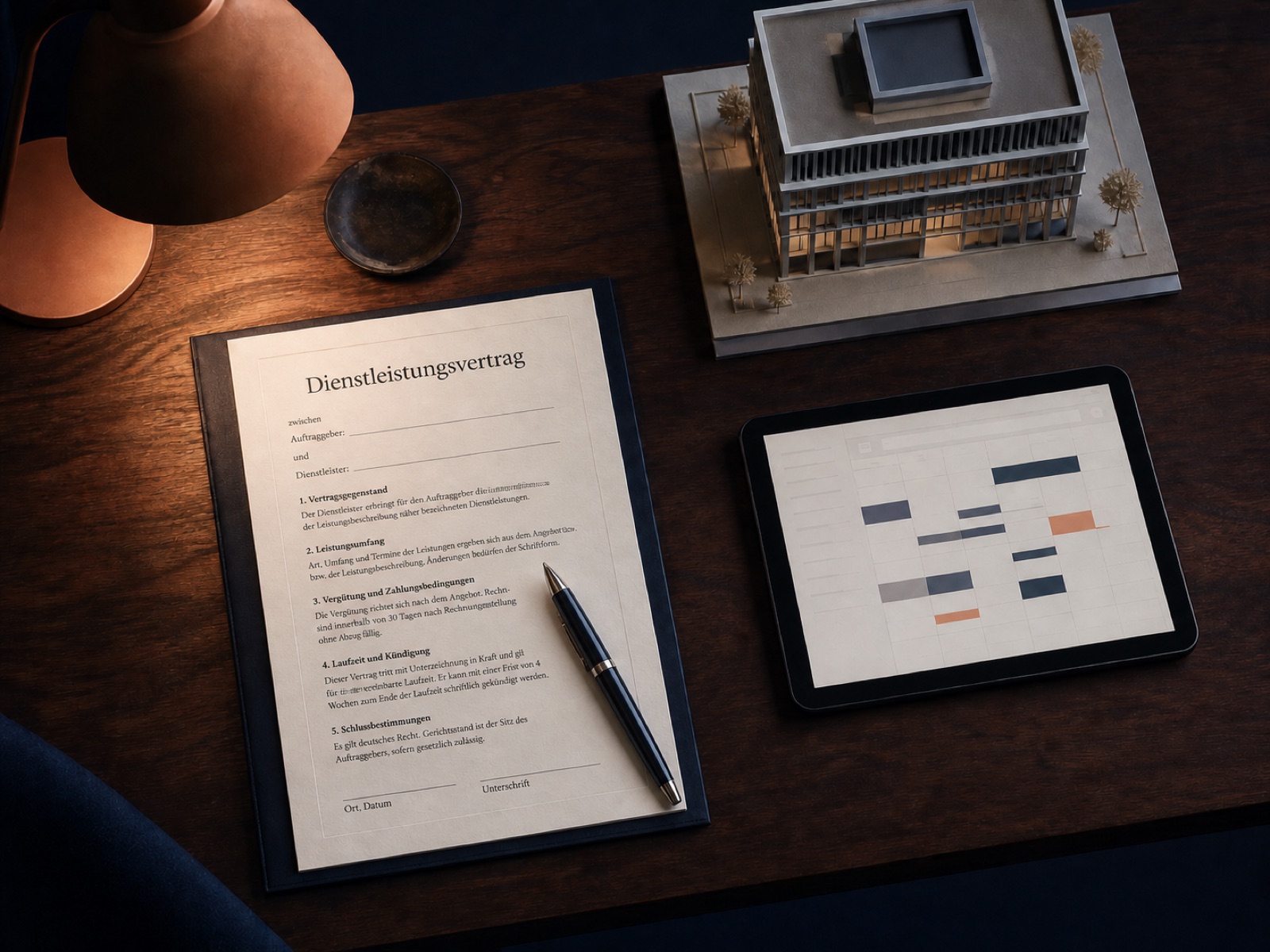 Eleganter Schreibtisch mit Dienstleistungsvertrag, Füllfederhalter, Architekturmodell eines Wohngebäudes und Tablet mit Service-Plan-Kalender — Symbolbild für den individuellen Service-Plan von Duvox