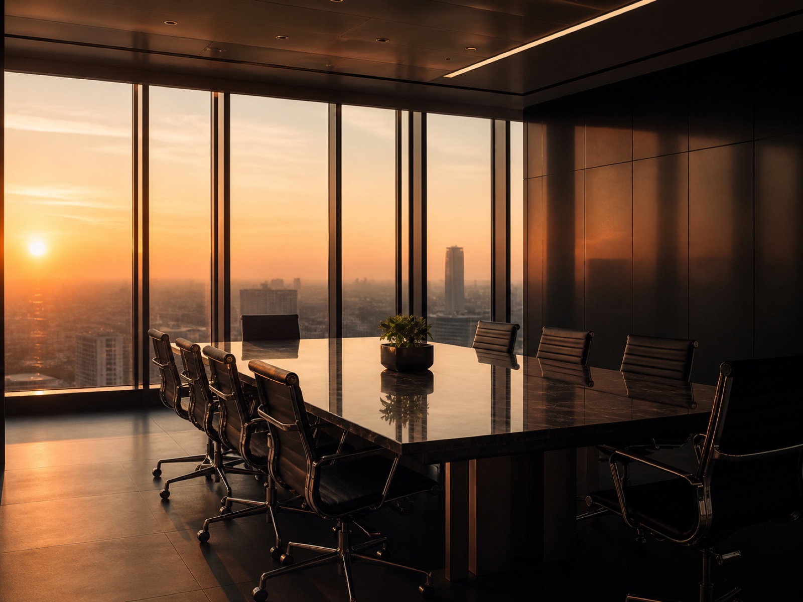 Premium Konferenzraum im Hochhaus mit Sonnenuntergang über der Skyline — Sinnbild für Ruhe und Entlastung im Alltag der Hausverwaltung